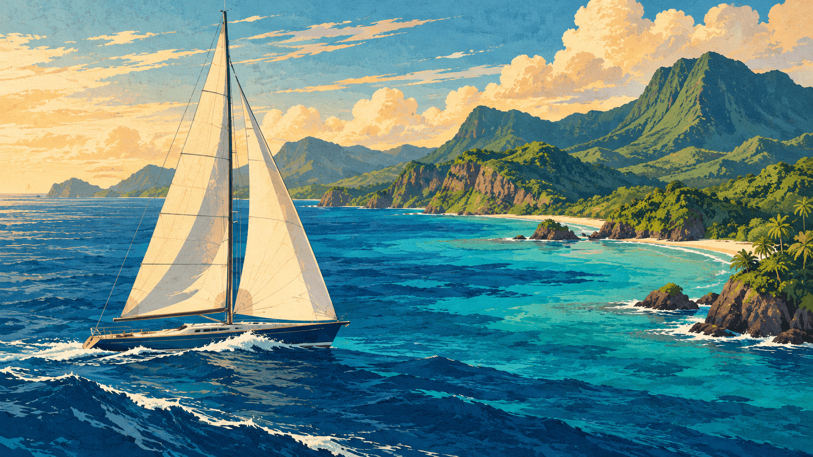 Illustration éditoriale : un voilier au large d’une côte tropicale imaginaire